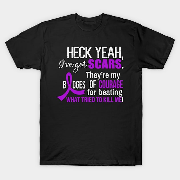 I’ve Got Scars They Are My Badges Of Courage Pancreatic Awareness Purple Ribbon Warrior T-Shirt by celsaclaudio506